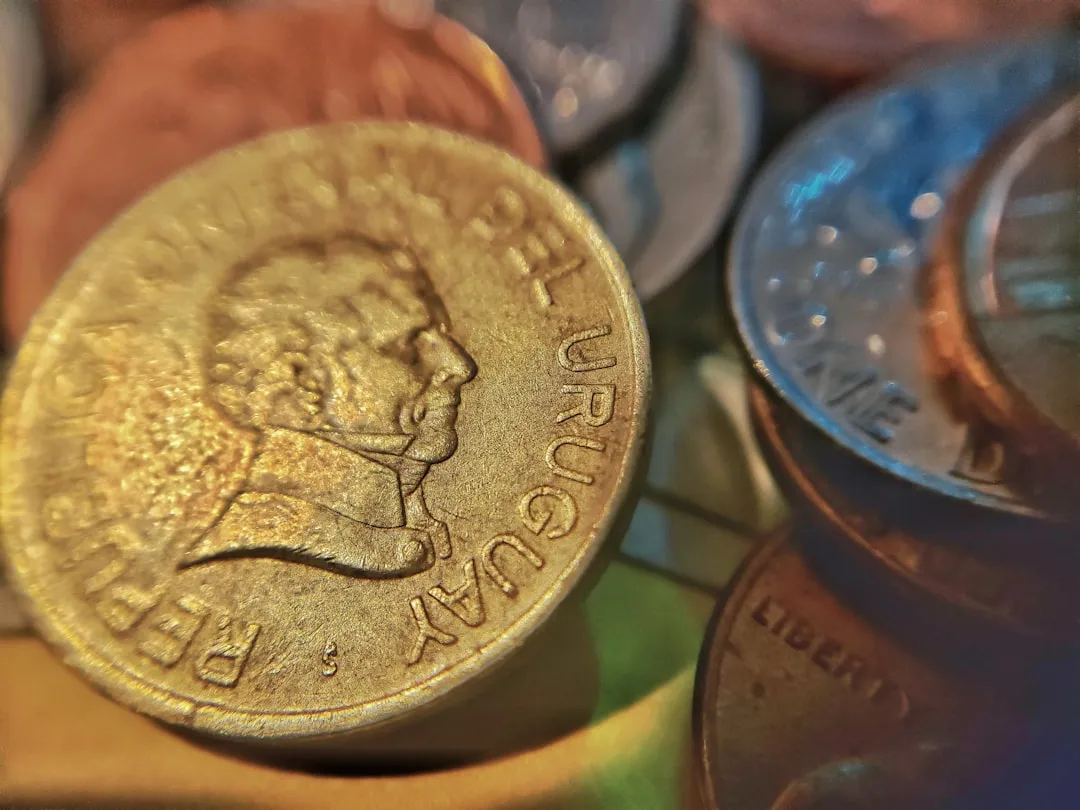 Silver round coin on green surface